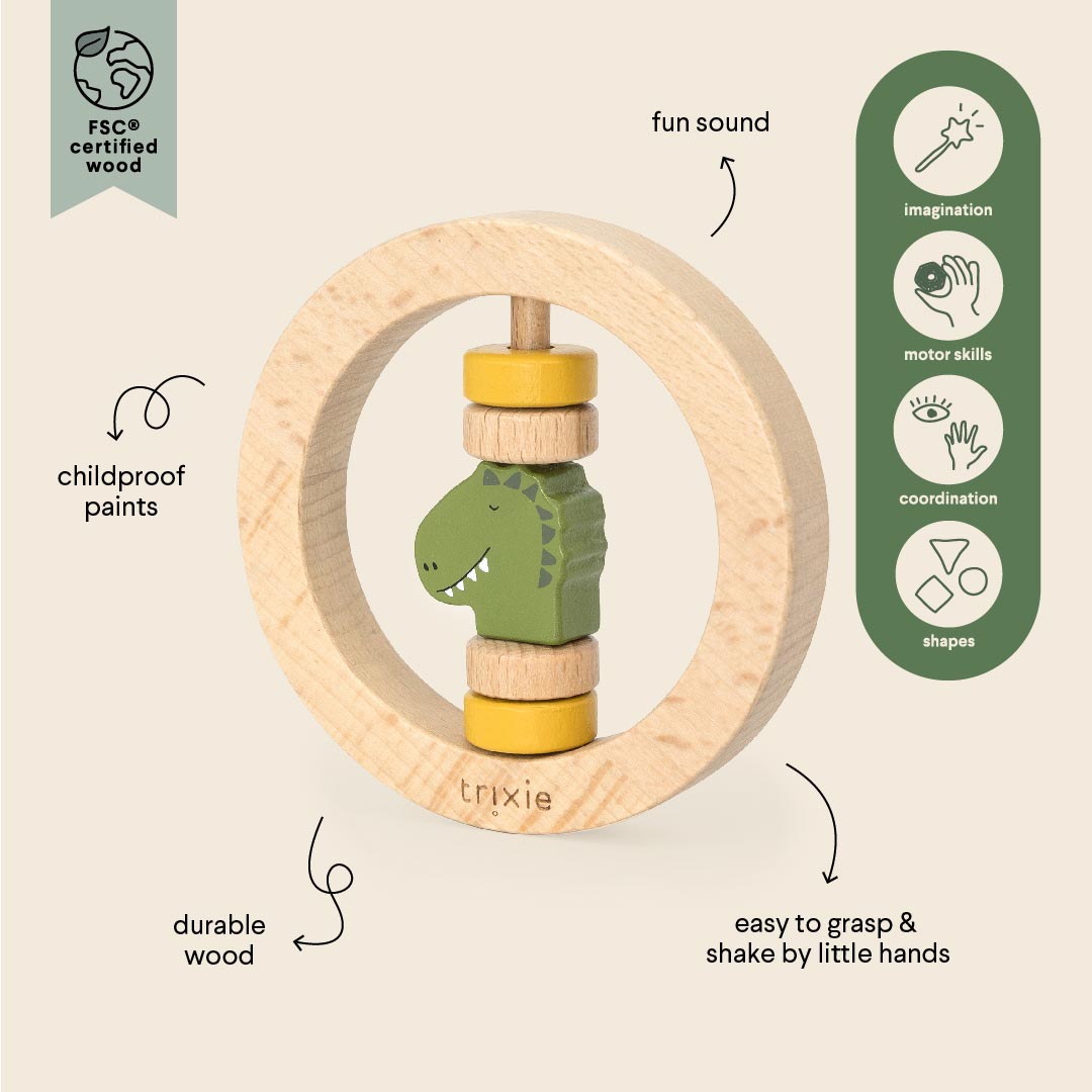 Trixie Wooden Round Rattle - Mr Dino